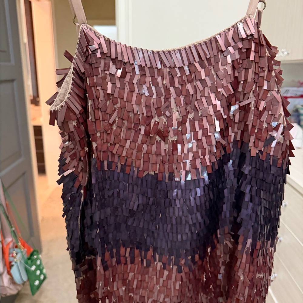 Alice & Olivia Sequined Fringe Party Tank Top in Mauve and Deep Plum